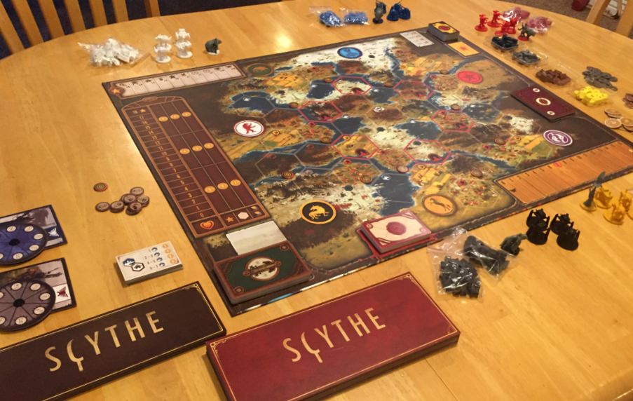 A board game on a wooden table.