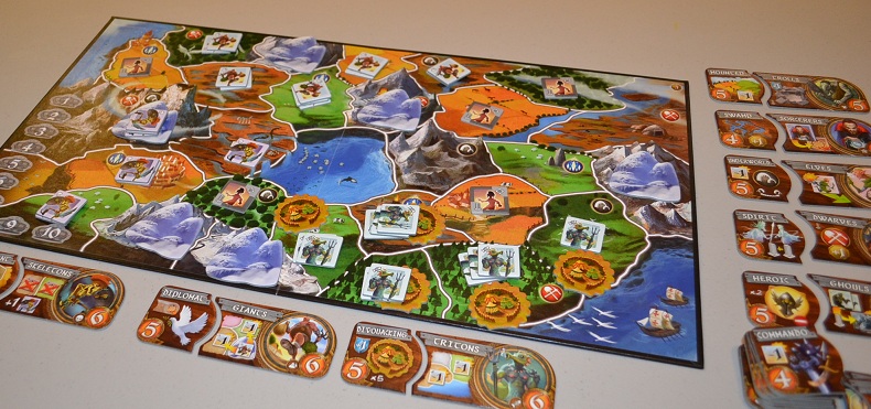 A picture of a set-up board for the game Smallworld.
